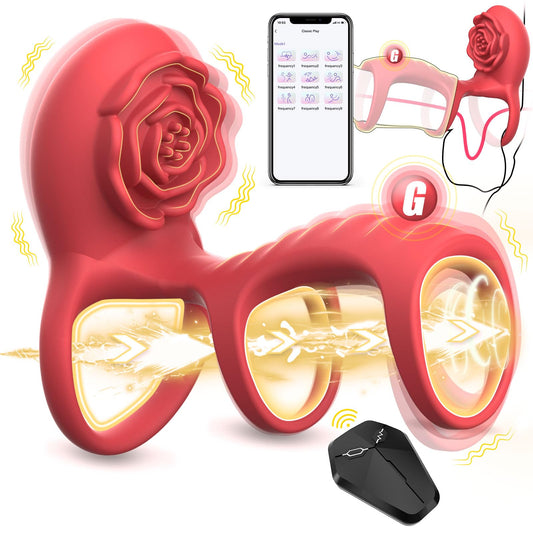 App Remote Control Rose Vibrating Penis Ring With Clit & G Spot Stimulation Penis Vibrator