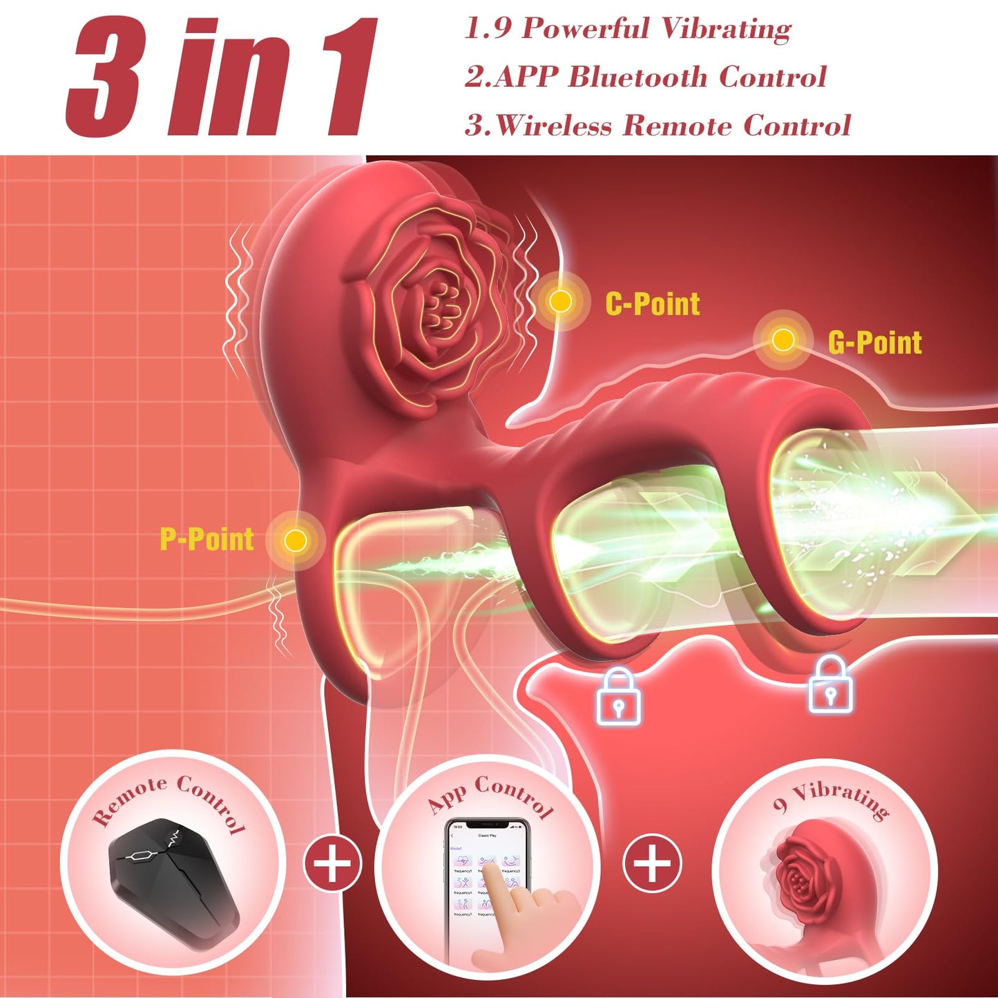 App Remote Control Rose Vibrating Penis Ring With Clit & G Spot Stimulation Penis Vibrator