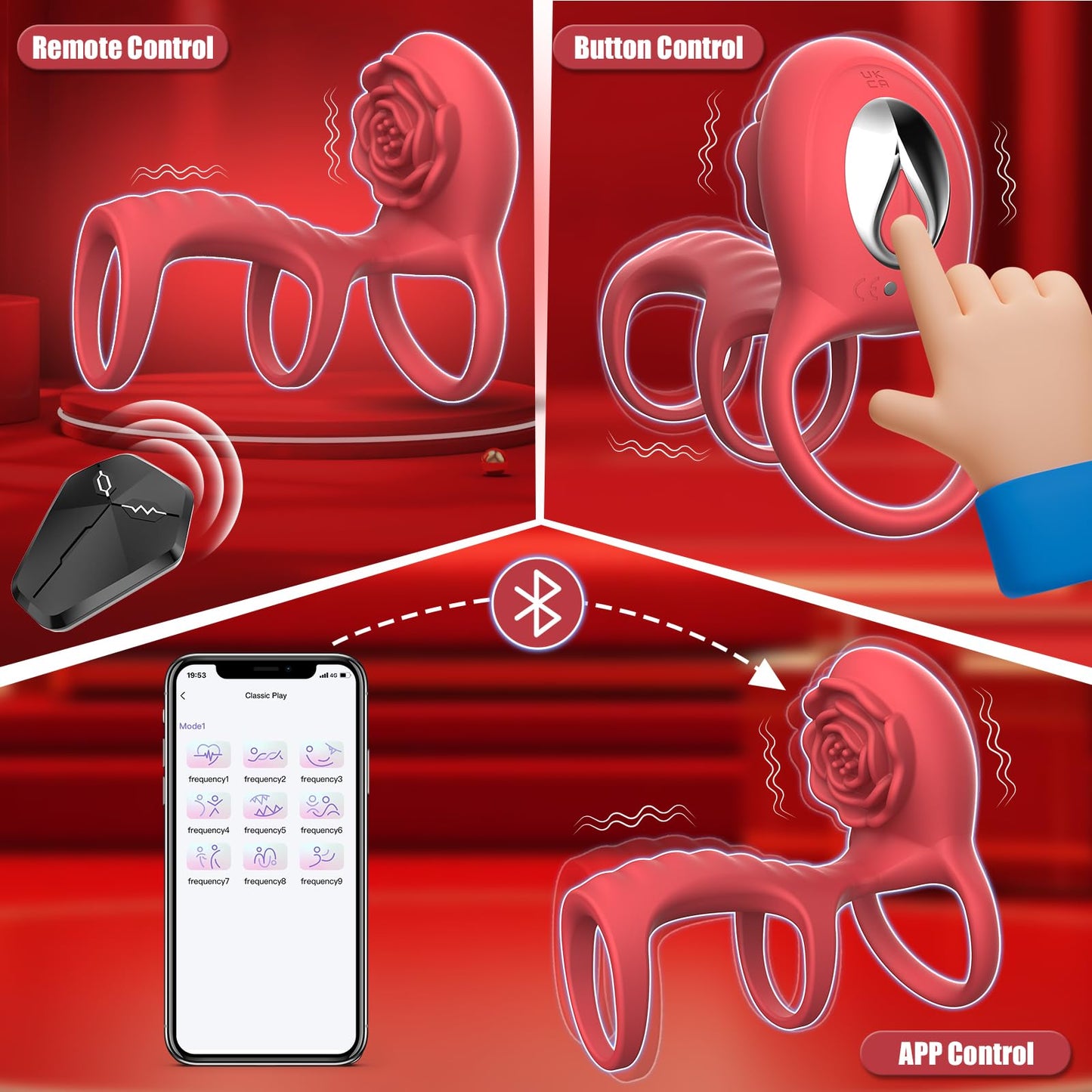 App Remote Control Rose Vibrating Penis Ring With Clit & G Spot Stimulation Penis Vibrator