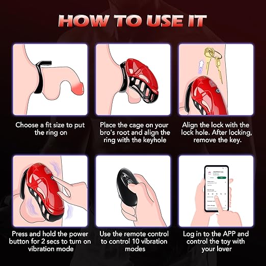 Vibrating Chastity Cage Cock Cage with 10 Vibrations App & Remote Control Penis Cage with 5 Rings 2 Keys