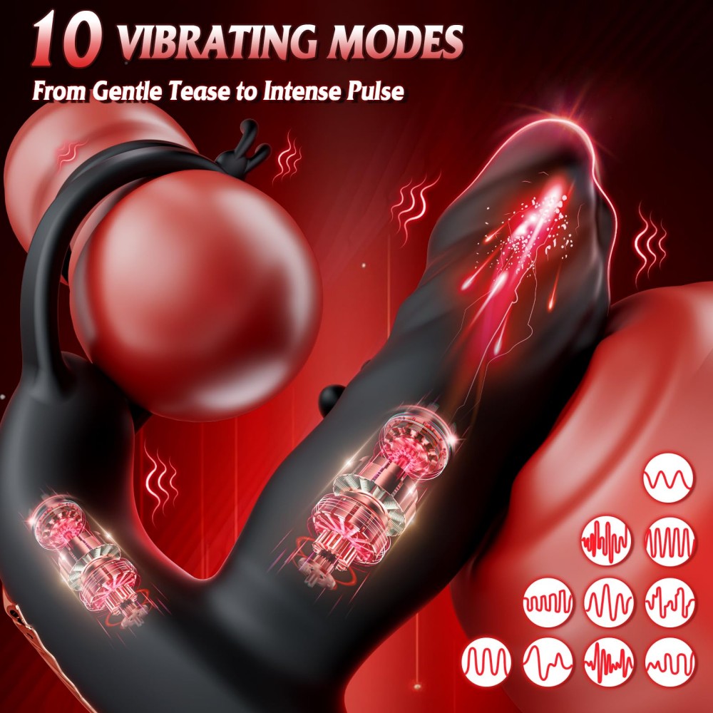 10 Finger Wiggling & 10 Vibrating Modes Remote Control Butt Plug Dildo with Penis Ring