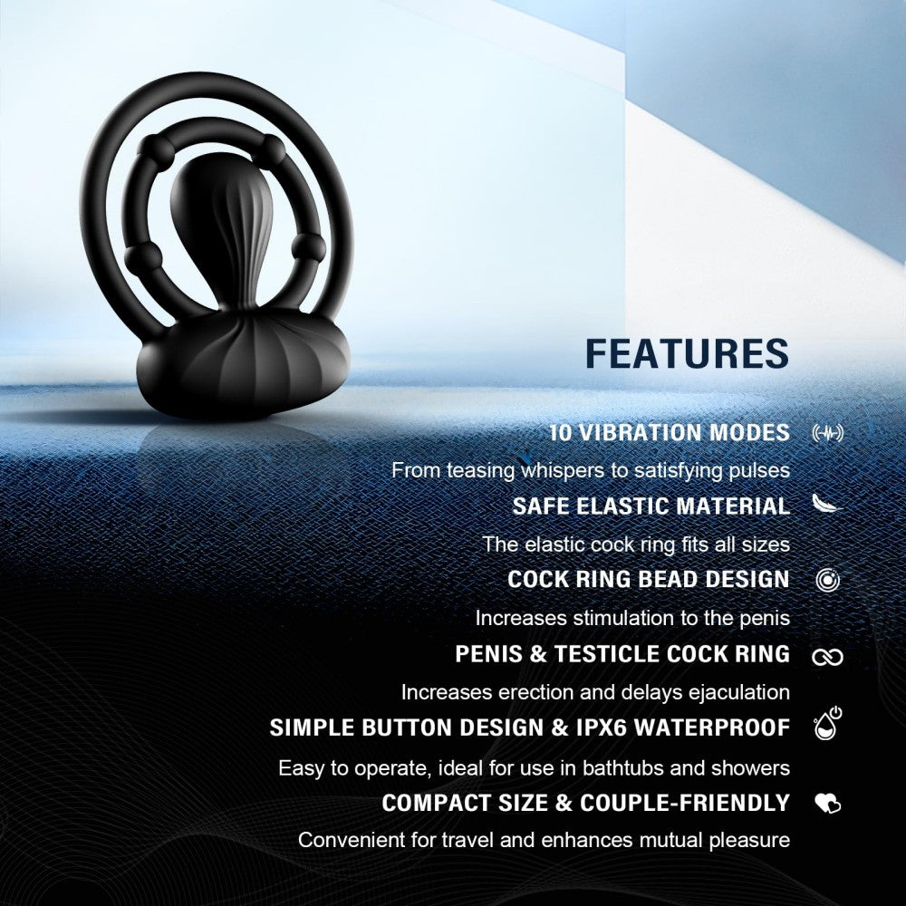 10 Vibrating Modes Cock Ring with Double Ring & Adjustable Bead Stimulator