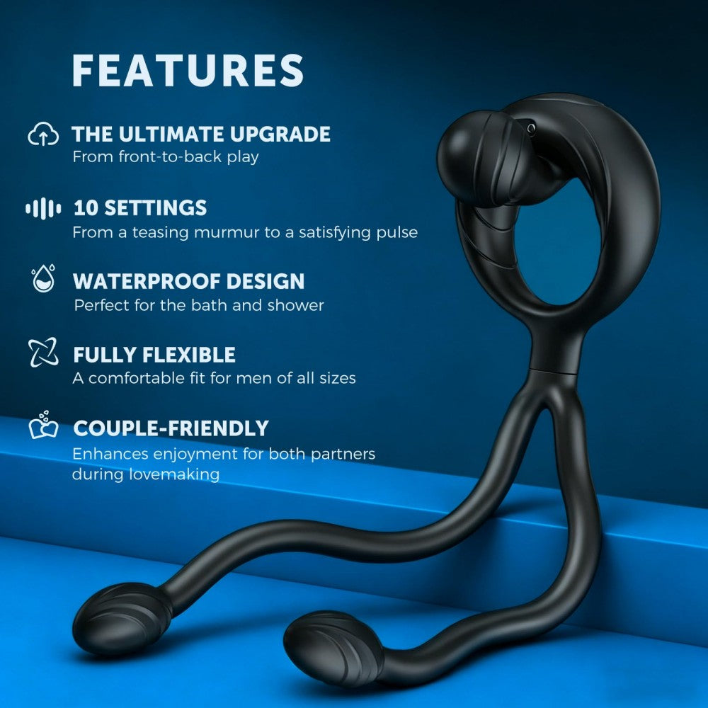 10 Vibration Modes Cock Ring with Double Ring Anal Butt Plug Prostate Massager Penis Ring Vibrator