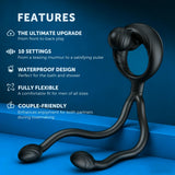 10 Vibration Modes Cock Ring with Double Ring Anal Butt Plug Prostate Massager Penis Ring Vibrator