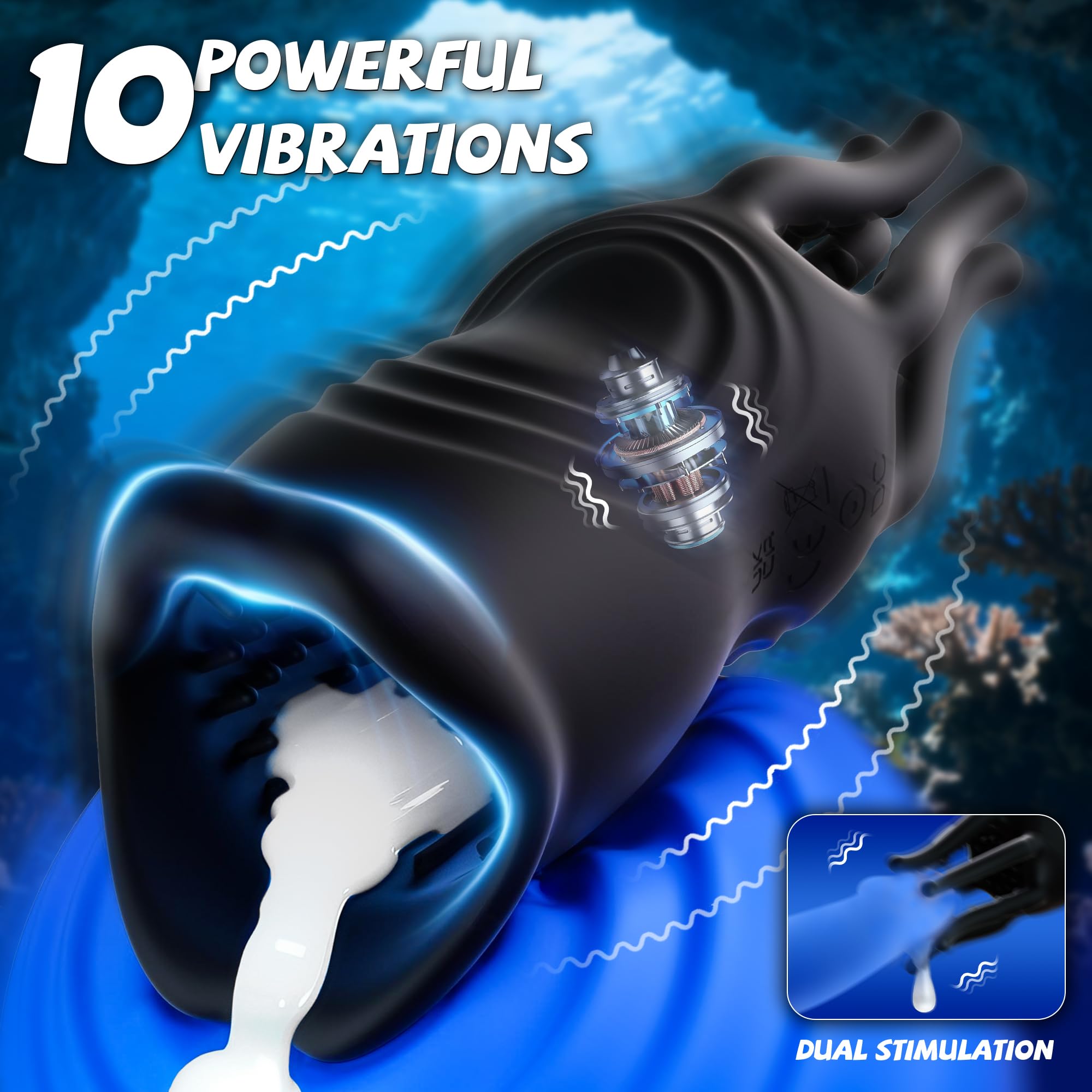 10 Vibrations, Realistic Lips & Tentacle Texture Stimulation Stroker, 360° Full-Surround Blowjob Penis Vibrator