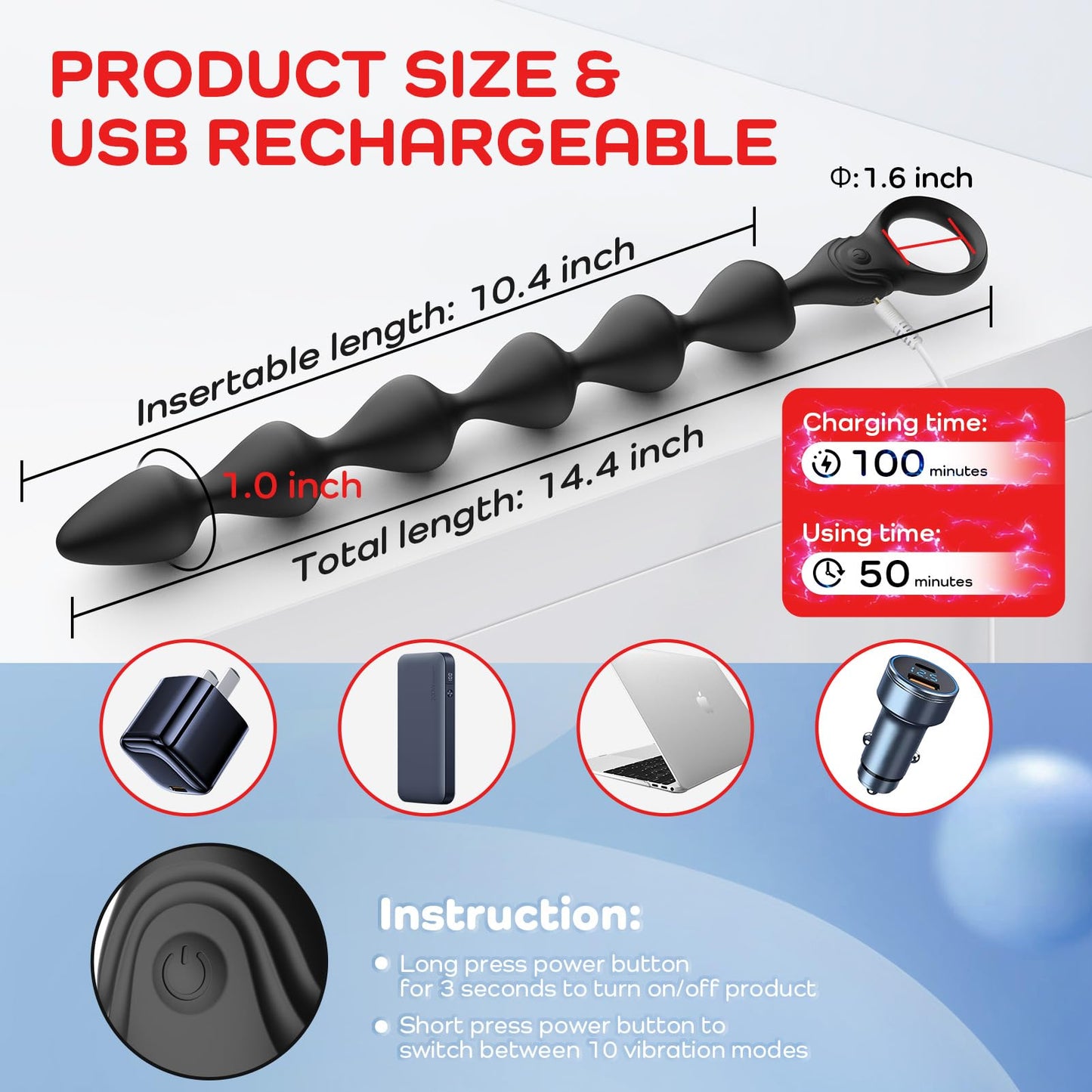14.4 Inch Soft Liquid Silicone 10 Vibration Modes Anal Beads Anal Toy Anal Sex Toys