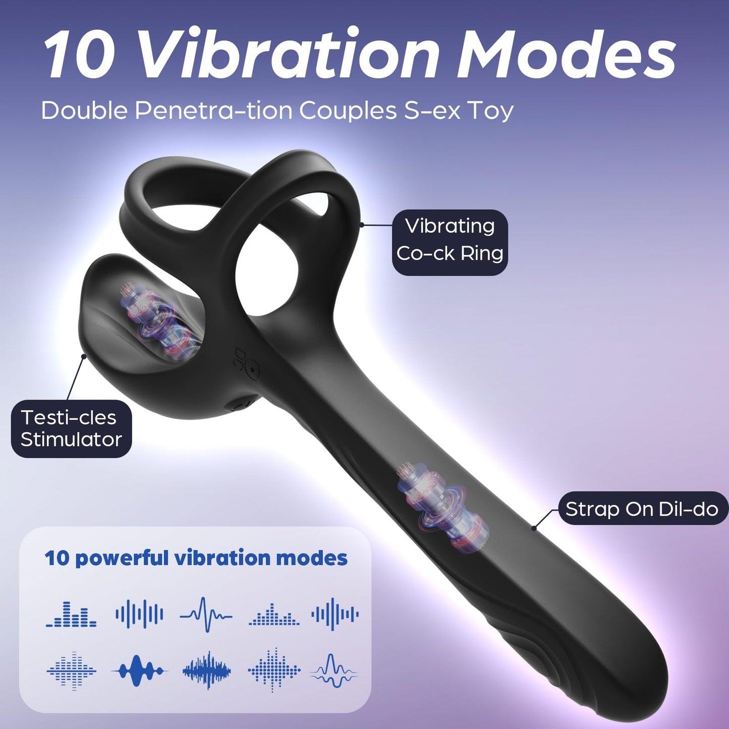 3-in-1 2 Motors 10 Vibrating Cock Ring with Anal Vibrator Butt Plug with Testicles Massager