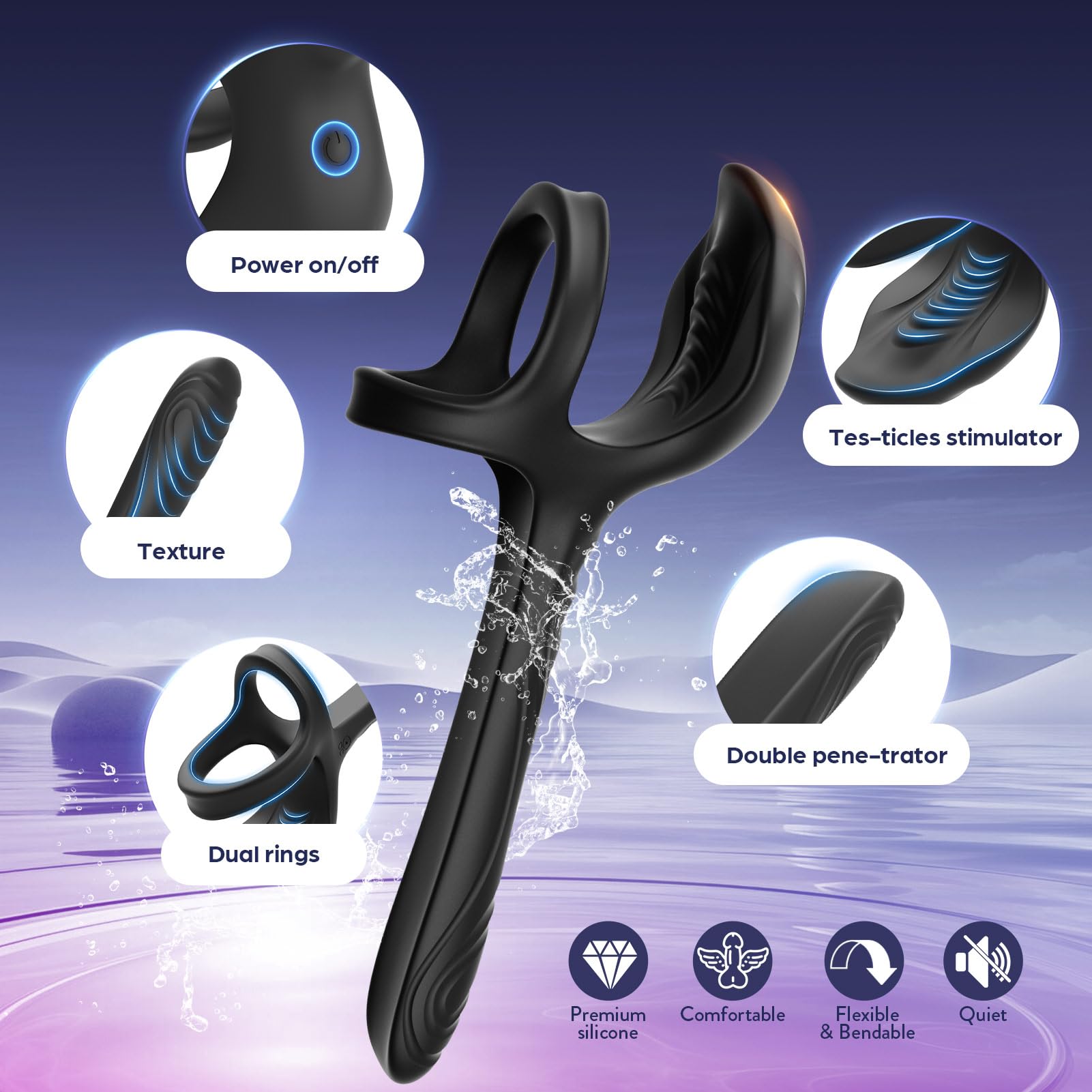 3-in-1 2 Motors 10 Vibrating Cock Ring with Anal Vibrator Butt Plug with Testicles Massager
