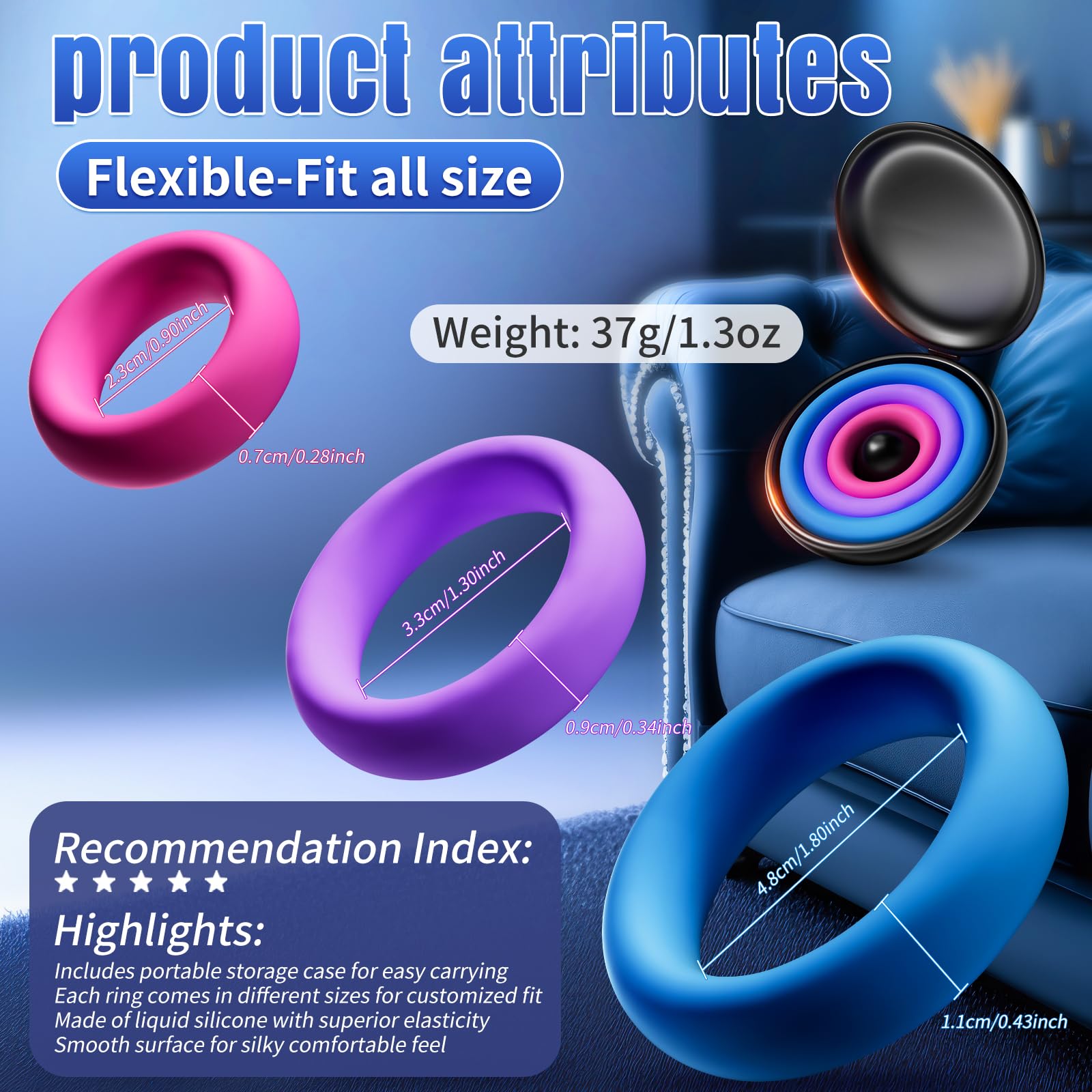 3 Colored 85kg Tension Silicone Cock Ring Set Couples Sex Toy with 3 Pcs Different Sizes Penis Ring for Erection Enhancing Long Lasting Stronger