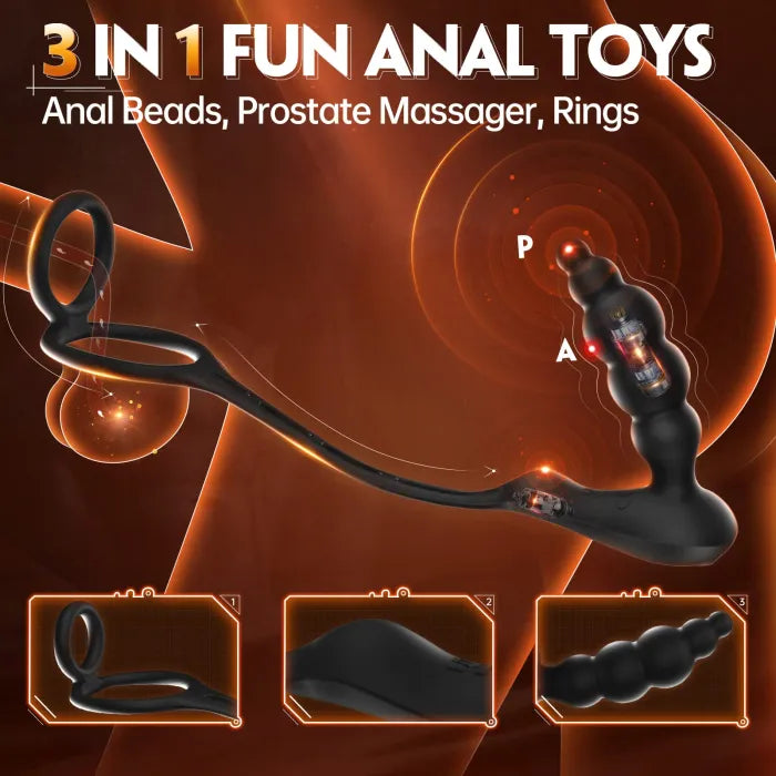 3 in 1 Prostate Massager With Dual Cock Rings 5 Graduated Anal Beads Anal Plug