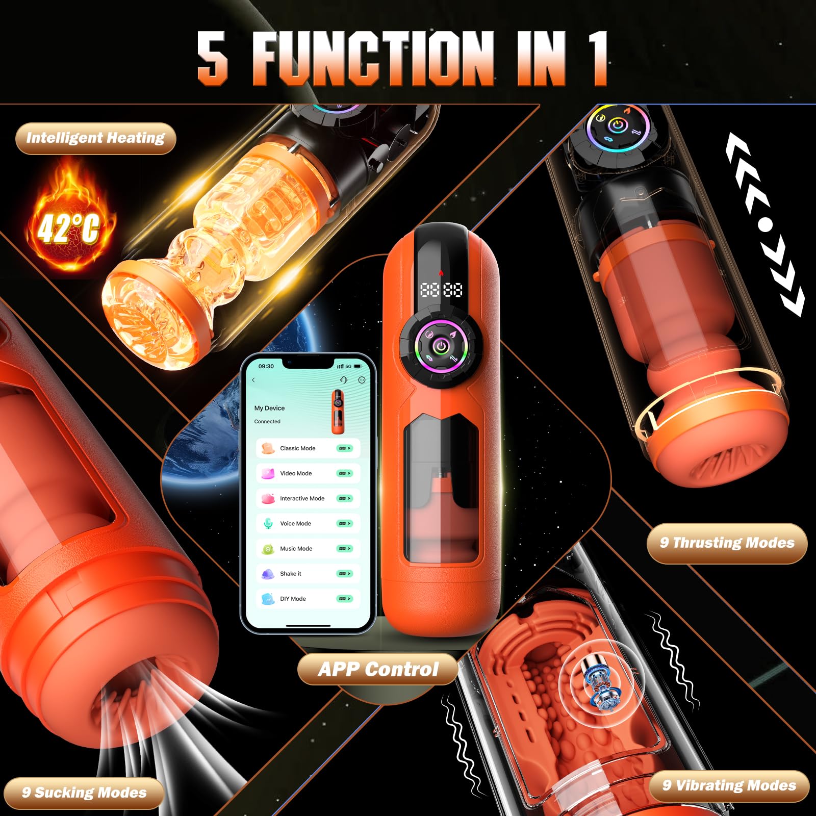 APP Control Heating Male Masturbator 9 Vibrating & Licking & Thrusting & Suck Modes Penis Pump