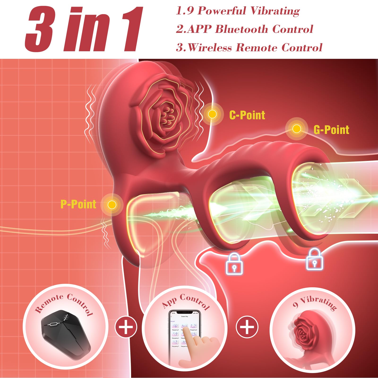 App Remote Control Rose Vibrating Penis Ring With Clit & G Spot Stimulation Penis Vibrator
