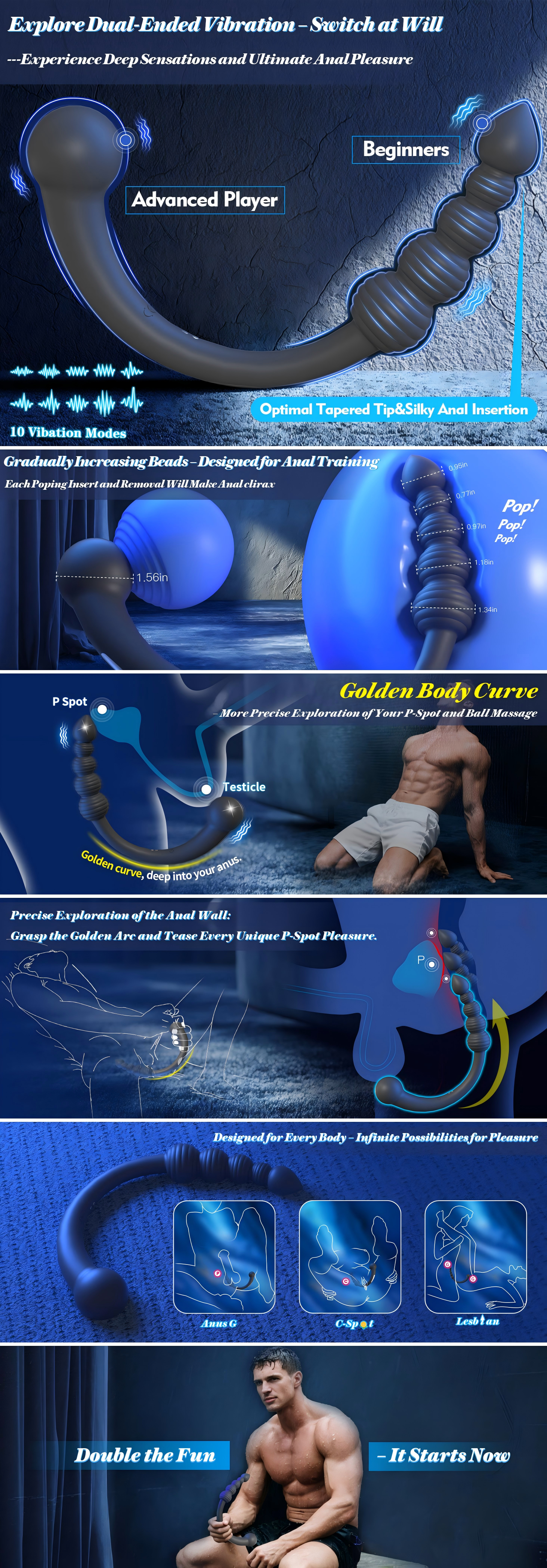 Dual-Ended Vibrating With 10 Vibration Modes Prostate Massager Anal Beads Anal Toy Sex Toy