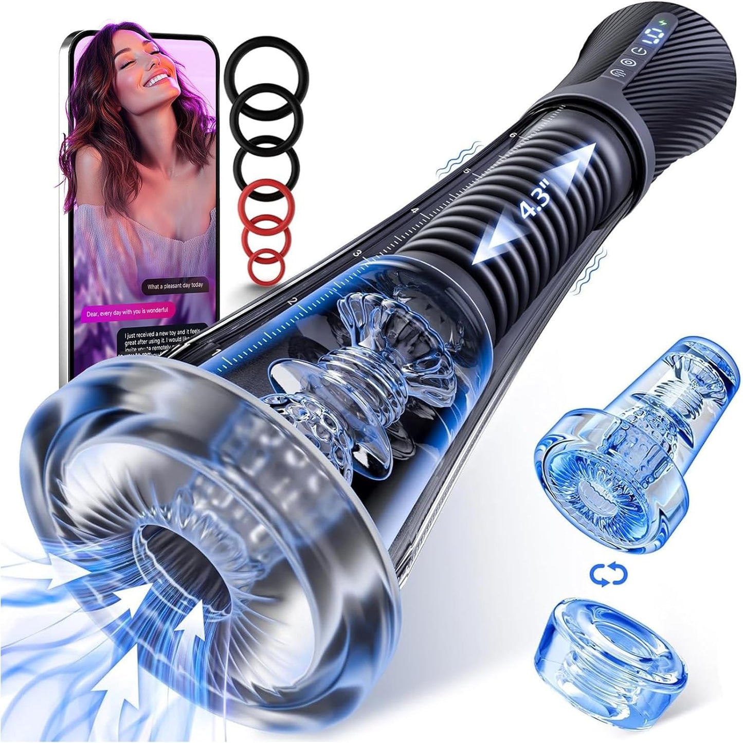 Male Masturbator Penis Pump - Transparent Visual Male Sex Toys for Men, APP Control Vibrating Spring & Power Suction with 2 Replaceable Sleeves & 6 Penis Rings