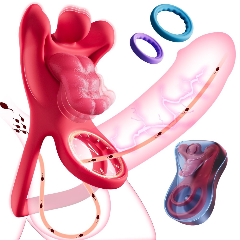 Realistic Tongue-Shape Clitoral Vibrator Cock Ring with 9 Vibration Modes for Men Enhanced Couple Pleasure