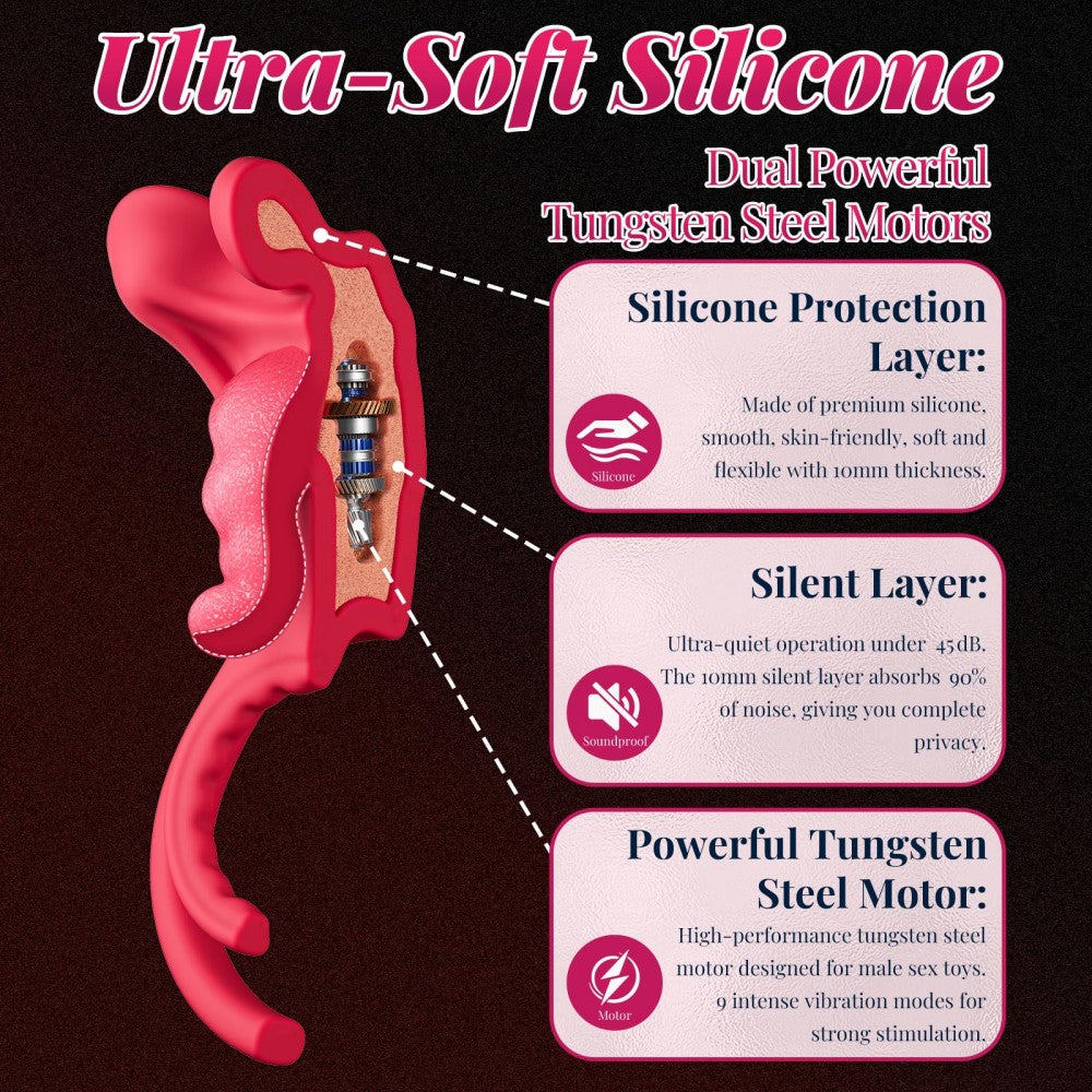 Realistic Tongue-Shape Clitoral Vibrator Cock Ring with 9 Vibration Modes for Men Enhanced Couple Pleasure
