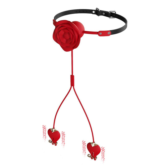Sweet Surrender - Rose Ball Gag with Leash & Vibrating Nipple Clamps - propinkup