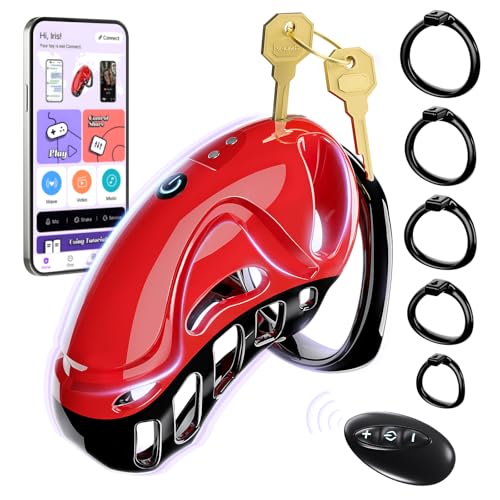 Vibrating Chastity Cage Cock Cage with 10 Vibrations App & Remote Control Penis Cage with 5 Rings 2 Keys