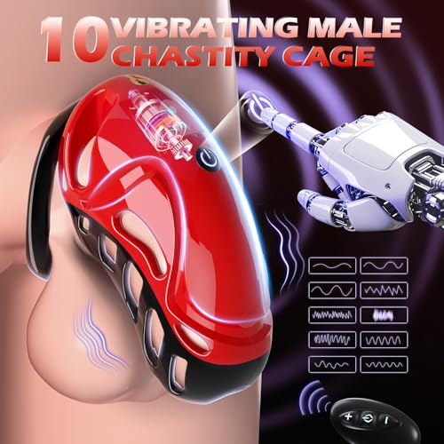 Vibrating Chastity Cage Cock Cage with 10 Vibrations App & Remote Control Penis Cage with 5 Rings 2 Keys