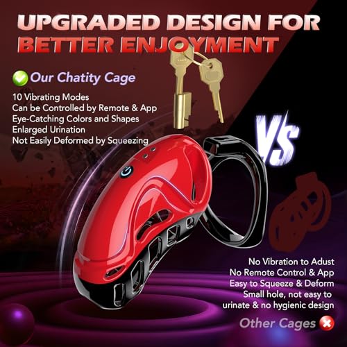 Vibrating Chastity Cage Cock Cage with 10 Vibrations App & Remote Control Penis Cage with 5 Rings 2 Keys