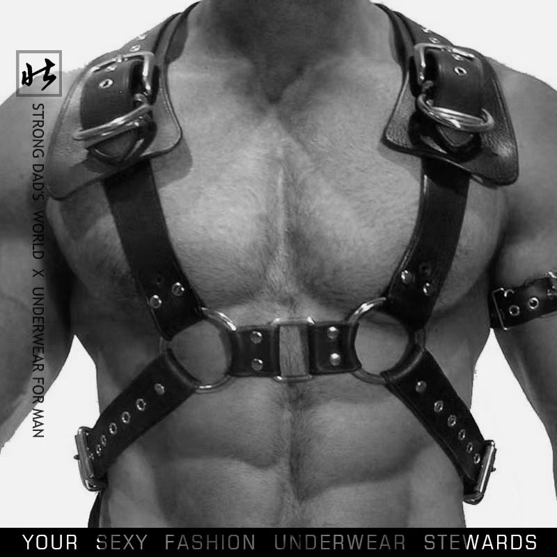 Leather Chest Bondage Harness Adjustable Shoulder Strap With Black Studs for Men